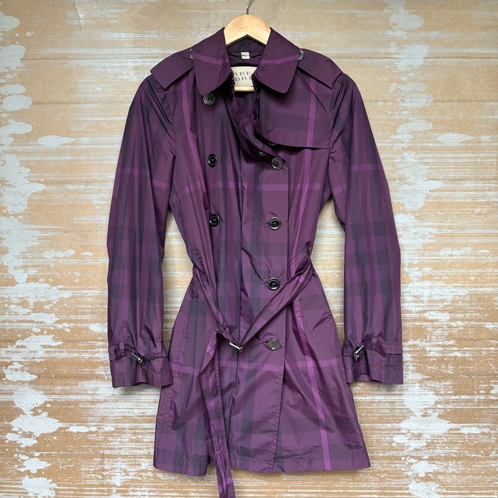Burberry Brit Double Breasted Rain Coat Purple Novacheck Preppy Classic Womens 6